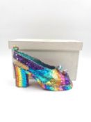 A hand made papier-mâché and sequinned model platform shoe in a painted wooden presentation box with