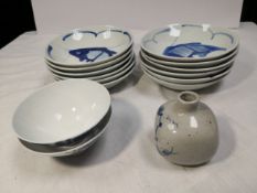 A collection of contemporary Oriental blue and white porcelain to include twelve hand painted