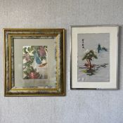 Two 20th century Chinese needlework embroideries on silk to include one depicting a bird perched