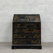 A contemporary Georgian style Japanned writing bureau by Oka having a fall front slope hand painted
