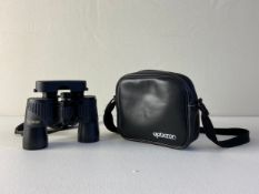 A pair of vintage Japanese Opticron SR-GA 8x32 binoculars with case. H.14cm