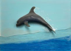 A contemporary mixed media painting titled 'Dolphin' 2010 by Dick Cluly in a white frame, signed