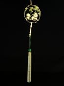 A contemporary Chinese bookmark having a brass and enamelled openwork finial depicting pandas and