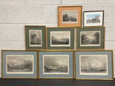 A collection of eight 18th century and later engravings to include a hand coloured view of