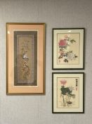 A collection of three Chinese silk embroideries to include one depicting birds, insects and trees