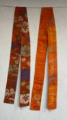 Two 20th century Chinese silk paofu robe needlework belts with all-over vibrantly coloured