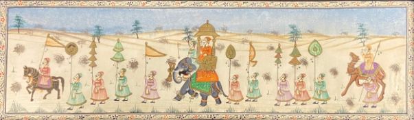 An early 20th century Indian School gouache on silk depicting a Royal procession with a horse, a
