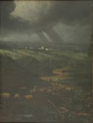 A 19th century oil on canvas laid on board depicting a farmer with his flock in a rural landscape