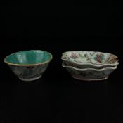 Three small 19th century Chinese Famille Rose dishes to include a pair with hand painted cherry