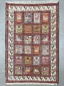A 20th century hand woven Soumak rug having twenty-four multicoloured figural panels depicting
