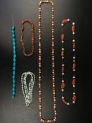 Five beaded turquoise, coral, amber and baroque pearl necklaces. L.75cm
