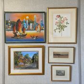 Five artworks to include a contemporary acrylic on canvas view of Victoria Harbour, Hong Kong