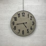A large 20th century antique style French station or wall clock having a painted and distressed open