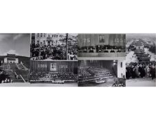 A collection of six photographs depicting events and monuments surrounding the death and funeral
