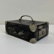 A 20th century Chinese metal mounted lacquered box or safe with metal inlaid vignettes depicting