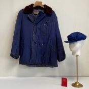 A 1950's Chinese Communist Party issue thick padded utility winter coat and hat with label. L.87 W.