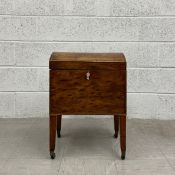 A Georgian mahogany cellarette having a hinged arched trunk top over the inlaid case with brass swan