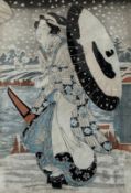 Keisai Eisen (1790-1848), a C.1830 Japanese Oban Tate-e woodcut print titled 'Bijin Walking