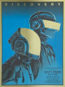 A vintage 1970's sci-fi style Daft Punk Discovery poster depicting two figures in helmets, hand