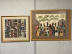To artworks to include a hand painted African school stylised figure group portrait along with a