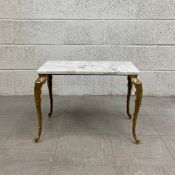 A small C.1900 French side table having a rectangular white marble top raised on four scrolling gilt