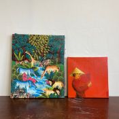 Two contemporary Vietnamese school acrylic paintings on canvas to include a stylised figural