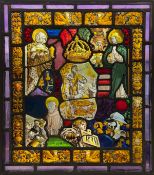 A vintage leaded and stained glass window panel depicting religious themes. H.56 W.49cm
