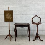 A 19th century firescreen with tapestry panel, a carved mahogany lamp table and a mid 19th century