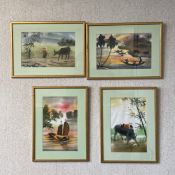 A set of four 20th century Vietnamese paintings on silk depicting figure groups with boats and
