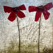 A contemporary oil on board by Sara Rosen, two stylised poppies, signed to the lower right in a