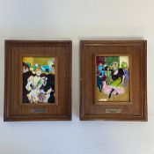 A pair of 20th century French glazed ceramic tiles depicting scenes of can-can dancers at Moulin