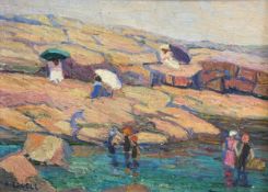 Katherine Adams Lovell (1877-1965), a 20th century oil on board, bathing at the cove, signed to