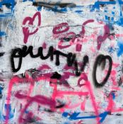 A contemporary mixed media street art style painting on board, signed to the lower right. H.80 W.