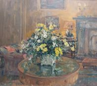 Susan Ryder (b.1944), a large framed oil on canvas, drawing room setting with yellow and white
