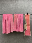A pair of 20th century bright pink hessian backed velvet curtains with a matched pelmet. L.110 W.