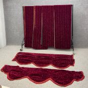 A set of seven velvet curtains and matching pelmets. L.264 W.120cm (Each curtain)