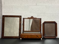 Three mirrors to include a 19th century mahogany and satinwood inlaid toilet mirror having a