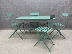 A contemporary painted folding metal garden table and four matching chairs. H.70 W.120 D.70cm