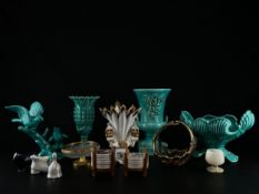 A mixed lot to include a collection of 1970's turquoise glazed Manises ceramics including an urn,