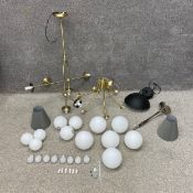 A mixed collection of ceiling lights, glass and other shades and fixtures and fittings. H.90 W.