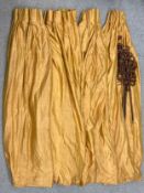 A set of four mustard yellow pleated satin curtains along with one other. L.223 W.130cm (largest
