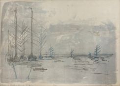 A large mid to late 20th century limited edition lithograph titled 'Ships at Anchor...', signed to