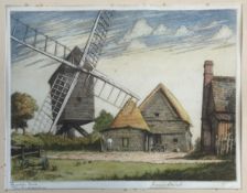 James Lewis Stant (1905-1964), a hand coloured etching depicting a rural scene with a windmill in