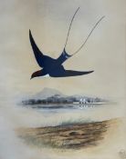 A late 19th century gouache depicting a swallow in flight over an Eastern landscape, signed to the
