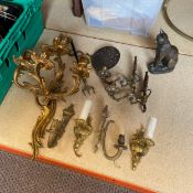 A mixed collection to include a Rococo style gilt metal four branch wall sconce, six other wall