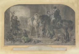 A large 19th century hand coloured engraving titled 'Return From Hawking' after the original