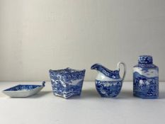 Four pieces of 19th century blue and white pearlware to include a faceted Pratts Native Scenery