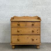 A 19th century pine chest of drawers having a shaped gallery back on a rectangular thumb moulded top