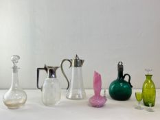 A mixed collection of glass to include an etched chartreuse decanter with two matching glasses, an