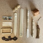 A mixed collection of Oriental bone items to include a miniature Mughal painting, a wooden foo dog
